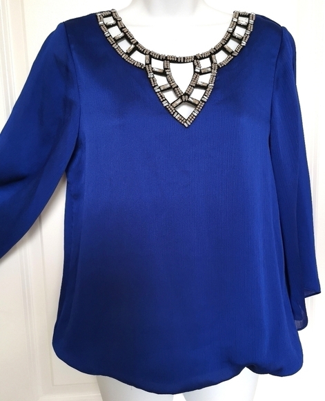 Royal Blue Beaded and Crystals Party Blouse Top Size Small - Picture 2 of 7